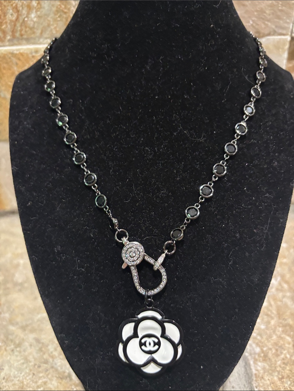 Black and White Camellia Logo Drop Necklace